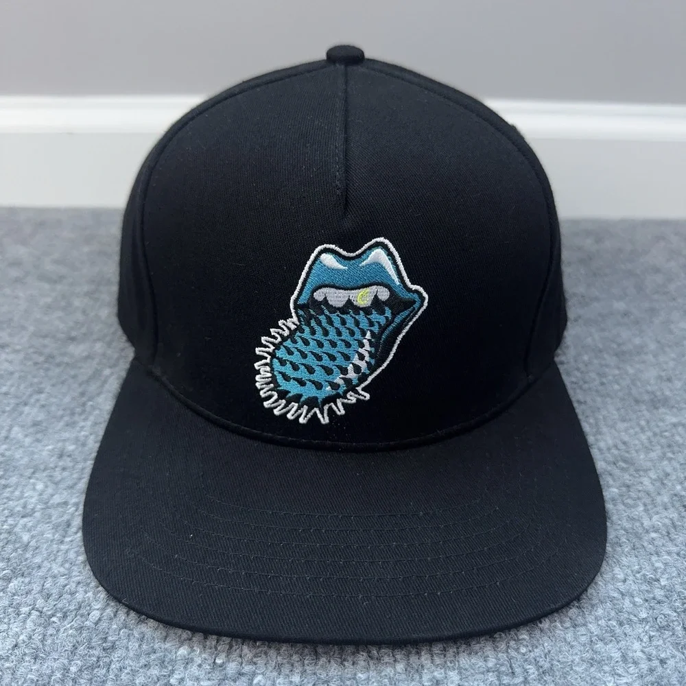 Cookies SF x Rolling Stones Hat Black High Crown Snapback Blue Spike Tongue NWOT